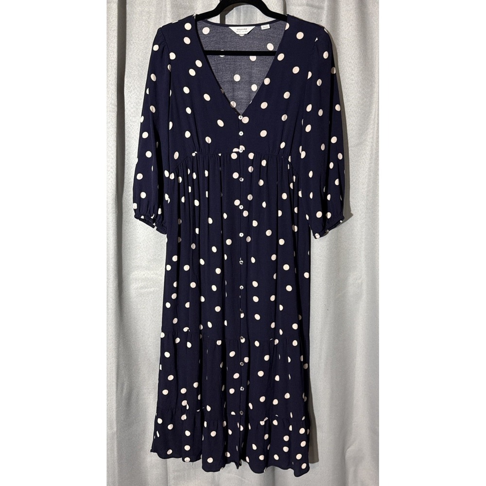 Seraphine Marge Maternity Nursing Dress US 4 Navy Blue Polka Dot V-Neck Midi